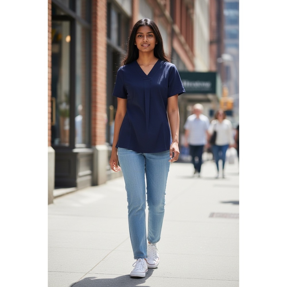 (K-284) Denim & Co Essentials Top Navy V-Neck Short Sleeve Stretch Tee Size S NW